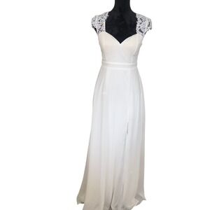 Lulus‎ Momentous Moments White Lace Cap Sleeve Open Back High Slit Maxi Dress S